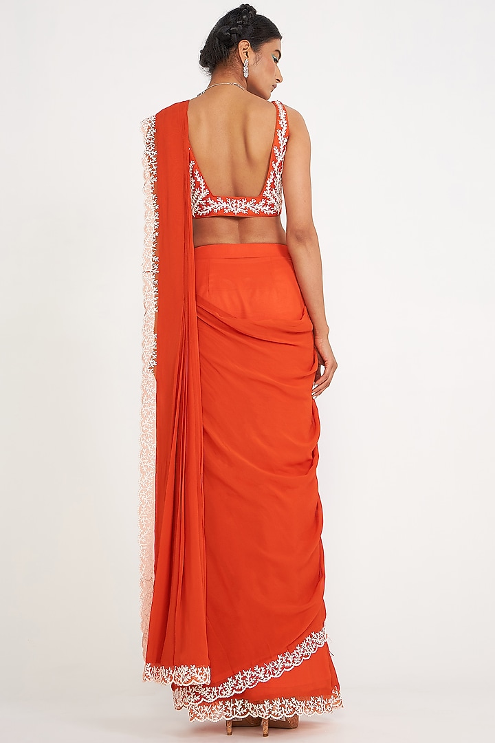 Orange Georgette Pre-Draped Wedding Saree Set by ASAGA at Pernia's Pop Up Shop