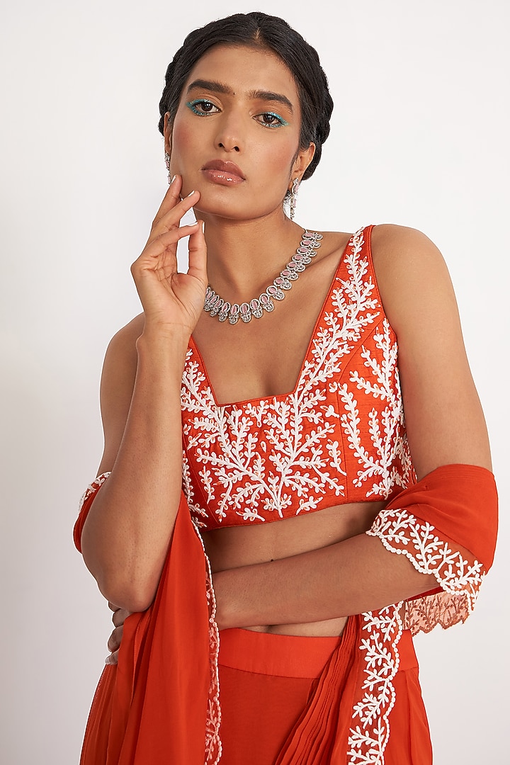 Orange Georgette Pre-Draped Wedding Saree Set by ASAGA at Pernia's Pop Up Shop