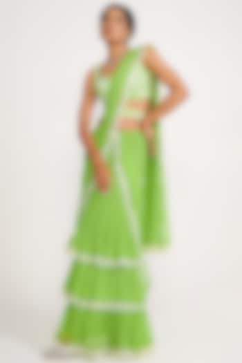 Parrot Green Georgette Embroidered Pre-Draped Tiered Saree Set by ASAGA at Pernia's Pop Up Shop