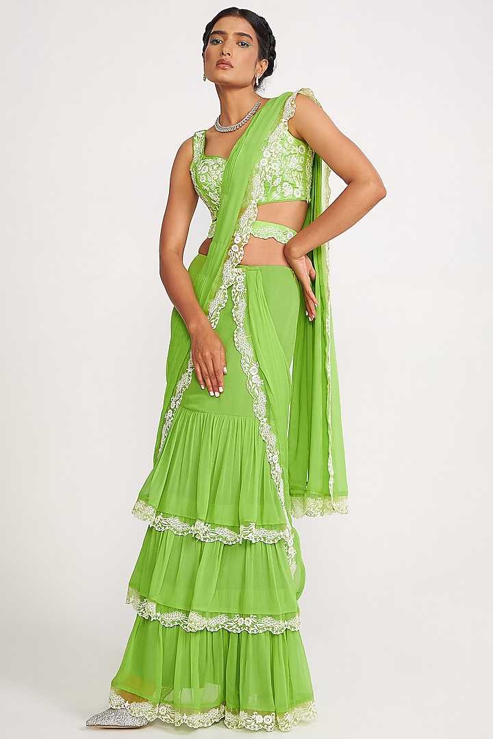 Parrot Green Georgette Embroidered Pre-Draped Tiered Saree Set by ASAGA