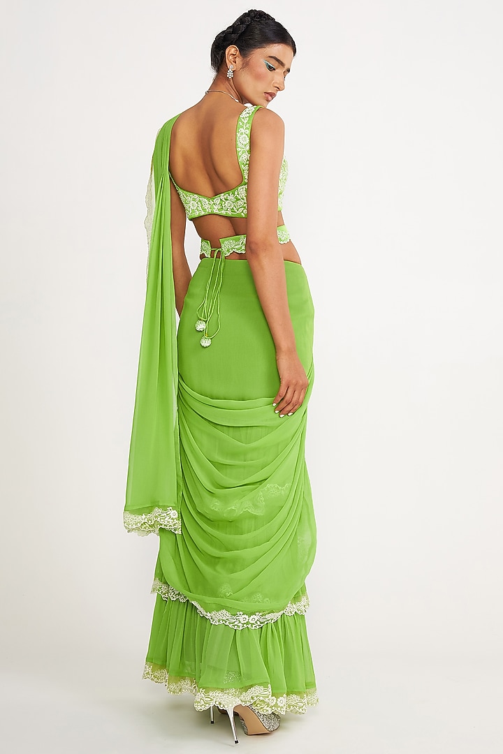Parrot Green Georgette Embroidered Pre-Draped Tiered Wedding Saree Set by ASAGA at Pernia's Pop Up Shop