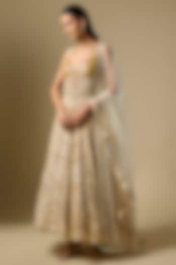 Beige Satin Tulle Hand & Machine Embroidered Bridal Anarkali Set by ASAGA at Pernia's Pop Up Shop