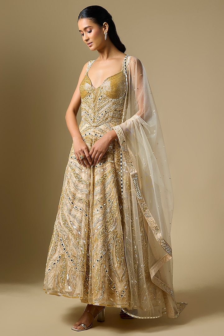 Beige Satin Tulle Hand & Machine Embroidered Bridal Anarkali Set by ASAGA at Pernia's Pop Up Shop