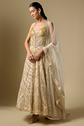 Beige Satin Tulle Hand & Machine Embroidered Anarkali Set by ASAGA