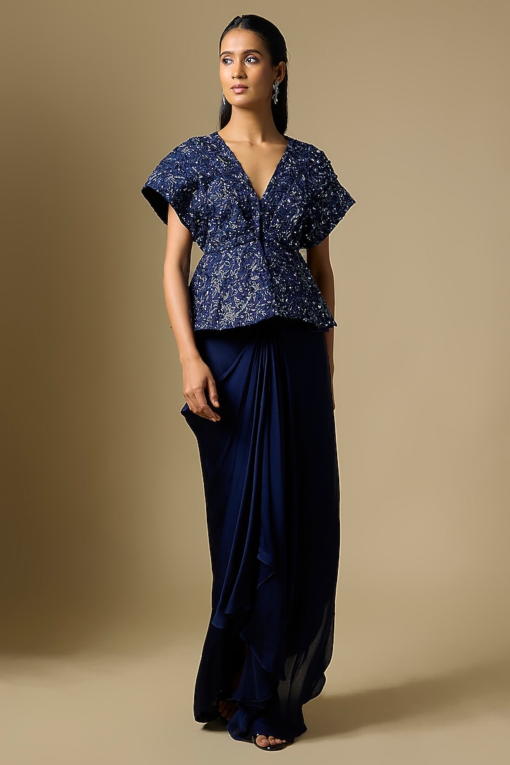 Navy Blue Satin Tulle Draped Skirt Set by ASAGA at Pernia's Pop Up Shop