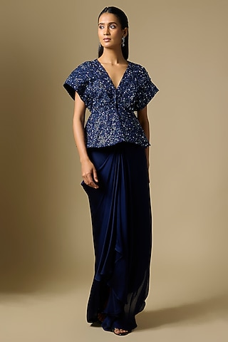 Navy Blue Satin Tulle Draped Skirt Set by ASAGA