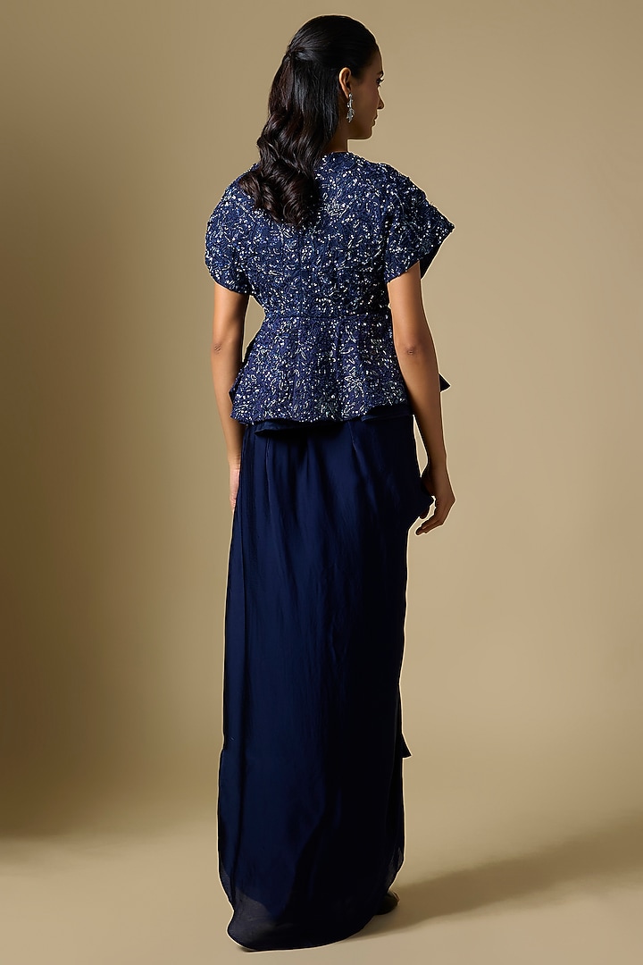 Navy Blue Satin Tulle Draped Skirt Set by ASAGA at Pernia's Pop Up Shop