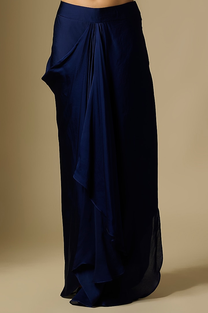 Navy Blue Satin Tulle Draped Skirt Set by ASAGA at Pernia's Pop Up Shop