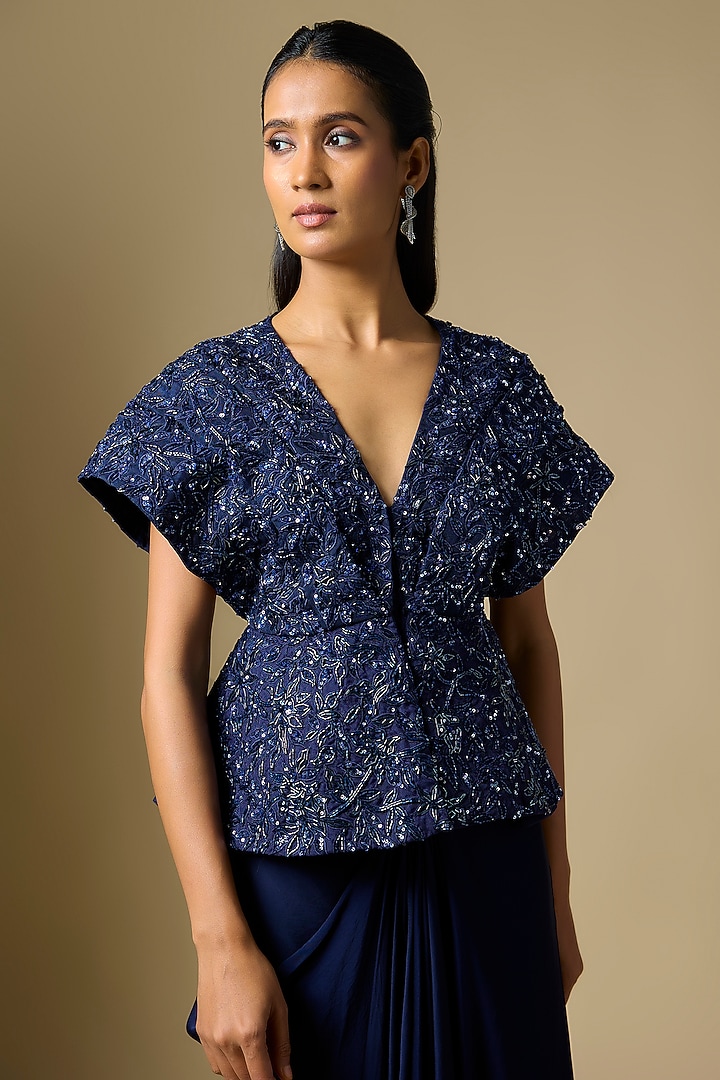 Navy Blue Satin Tulle Draped Skirt Set by ASAGA at Pernia's Pop Up Shop