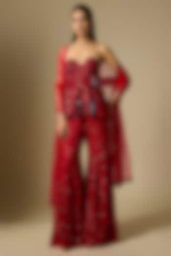 Red Satin Tulle Hand & Machine Embroidered Bridal Sharara Set by ASAGA at Pernia's Pop Up Shop