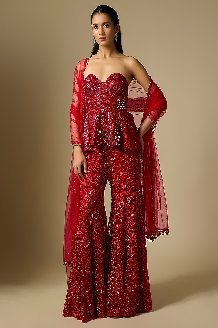 Red Satin Tulle Hand & Machine Embroidered Bridal Sharara Set by ASAGA at Pernia's Pop Up Shop