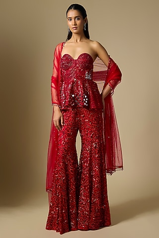 Red Satin Tulle Hand & Machine Embroidered Sharara Set by ASAGA