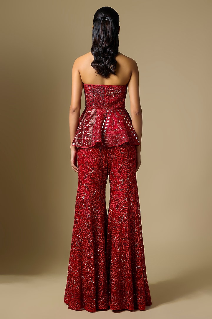 Red Satin Tulle Hand & Machine Embroidered Bridal Sharara Set by ASAGA at Pernia's Pop Up Shop