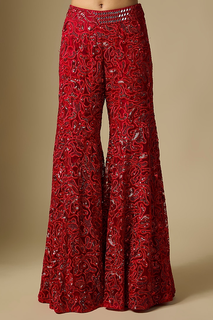 Red Satin Tulle Hand & Machine Embroidered Bridal Sharara Set by ASAGA at Pernia's Pop Up Shop