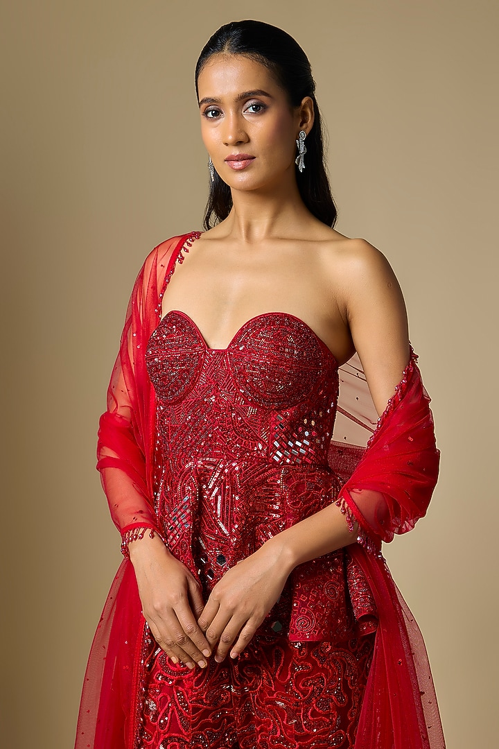 Red Satin Tulle Hand & Machine Embroidered Bridal Sharara Set by ASAGA at Pernia's Pop Up Shop