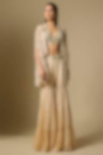 Beige Satin Tulle Mirror Embroidered Wedding Sharara Set by ASAGA at Pernia's Pop Up Shop