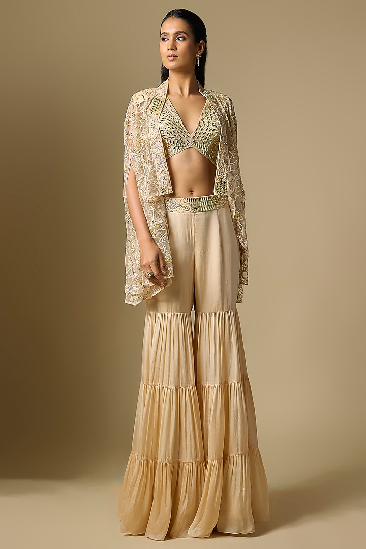 Beige Satin Tulle Mirror Embroidered Wedding Sharara Set by ASAGA at Pernia's Pop Up Shop