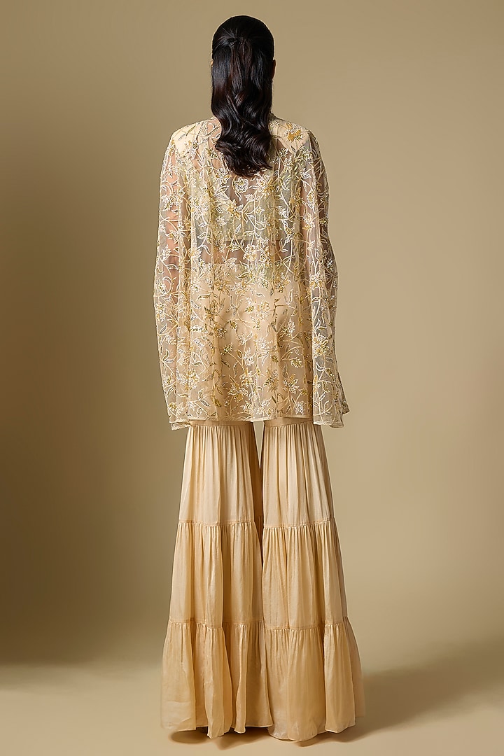 Beige Satin Tulle Mirror Embroidered Wedding Sharara Set by ASAGA at Pernia's Pop Up Shop