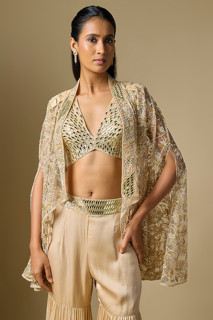 Beige Satin Tulle Mirror Embroidered Wedding Sharara Set by ASAGA at Pernia's Pop Up Shop