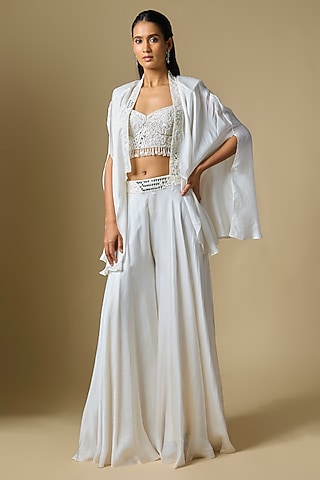 Ivory Satin Tulle Sharara Set by ASAGA