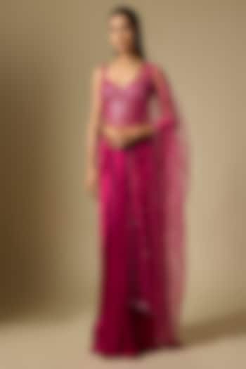 Magenta Satin Tulle Draped Skirt Set by ASAGA at Pernia's Pop Up Shop