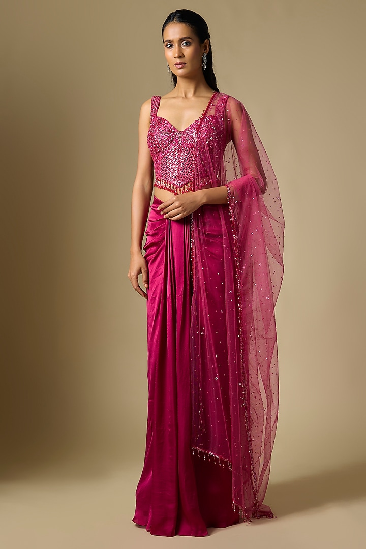 Magenta Satin Tulle Draped Skirt Set by ASAGA at Pernia's Pop Up Shop