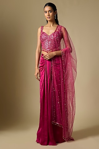 Magenta Satin Tulle Draped Skirt Set by ASAGA