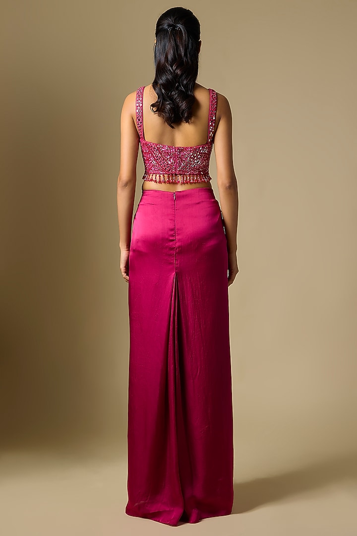 Magenta Satin Tulle Draped Skirt Set by ASAGA at Pernia's Pop Up Shop