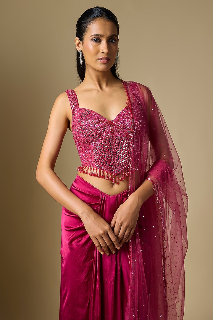 Magenta Satin Tulle Draped Skirt Set by ASAGA at Pernia's Pop Up Shop