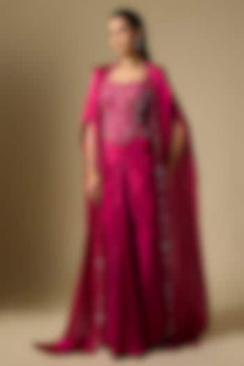 Magenta Satin Tulle Draped Skirt Set by ASAGA at Pernia's Pop Up Shop