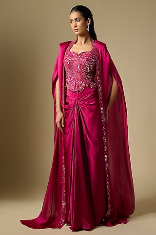 Magenta Satin Tulle Draped Skirt Set by ASAGA