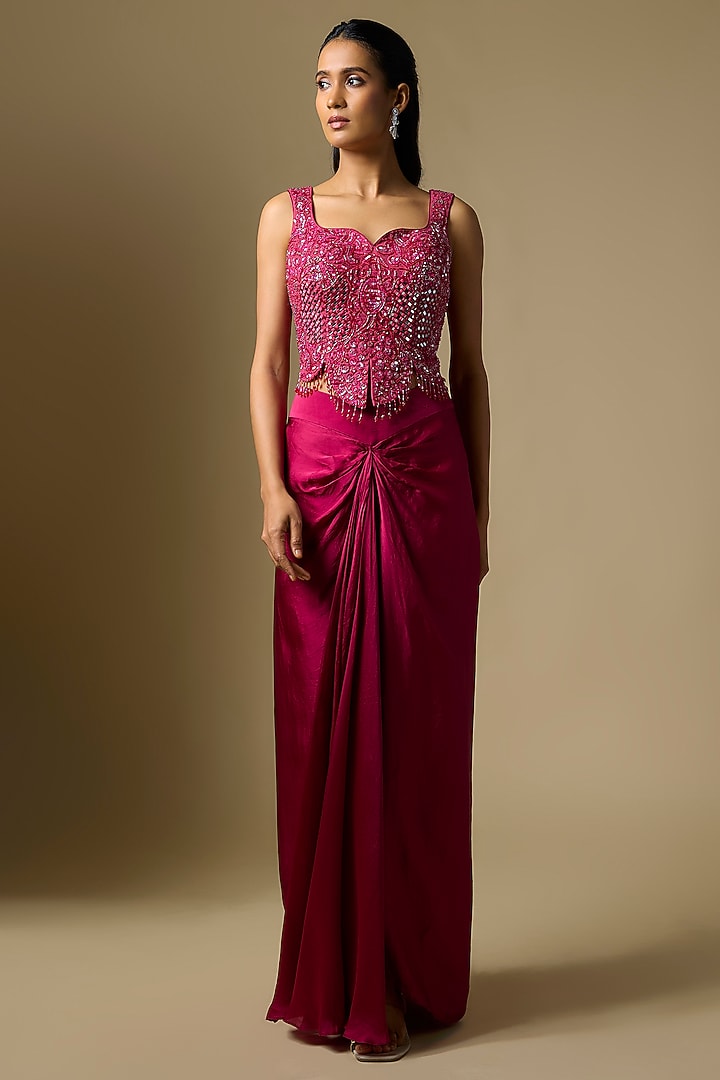 Magenta Satin Tulle Draped Skirt Set by ASAGA at Pernia's Pop Up Shop