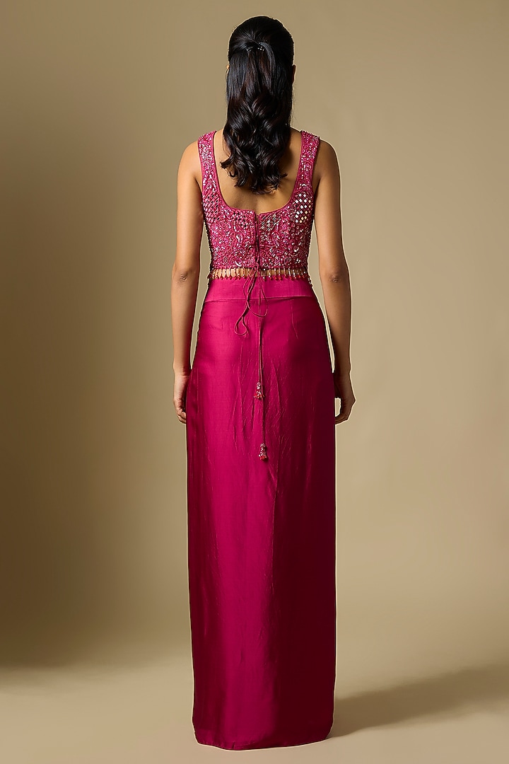 Magenta Satin Tulle Draped Skirt Set by ASAGA at Pernia's Pop Up Shop