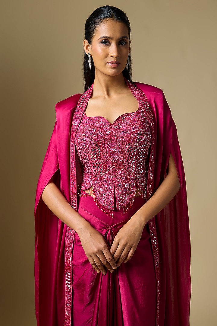 Magenta Satin Tulle Draped Skirt Set by ASAGA at Pernia's Pop Up Shop