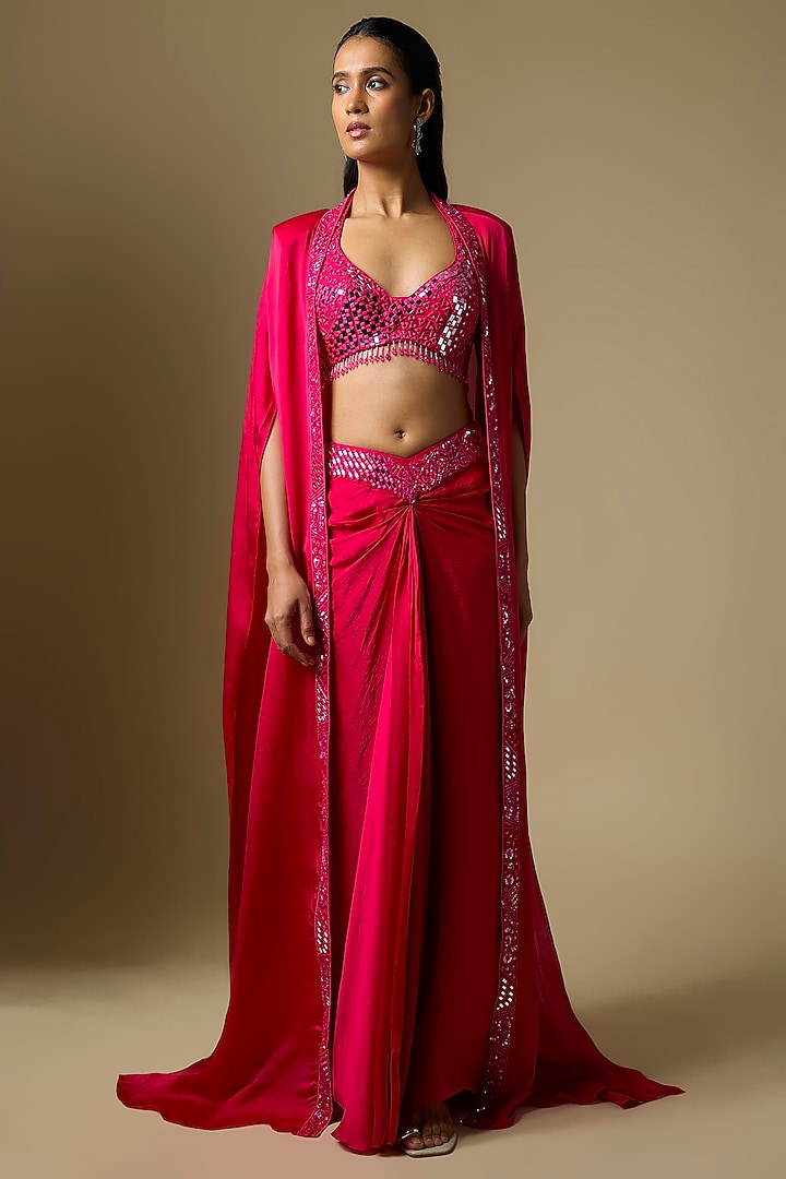 Fuchsia Satin Tulle Draped Skirt Set by ASAGA at Pernia's Pop Up Shop