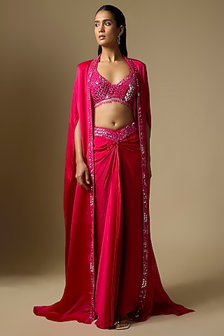 Fuchsia Satin Tulle Draped Skirt Set by ASAGA