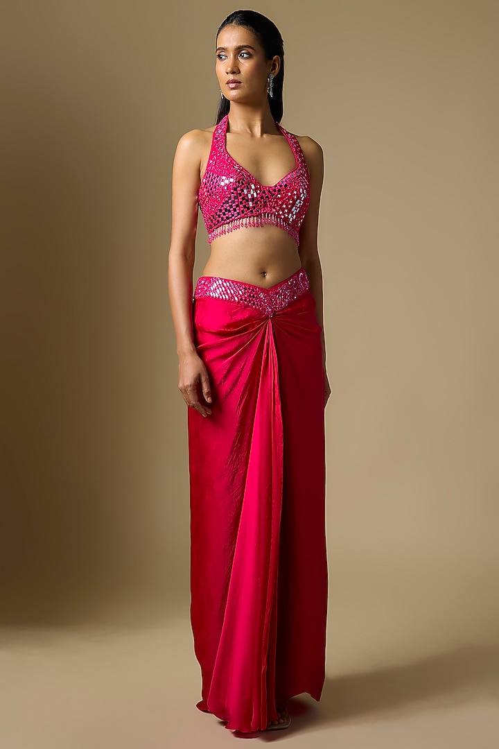 Fuchsia Satin Tulle Draped Skirt Set by ASAGA at Pernia's Pop Up Shop