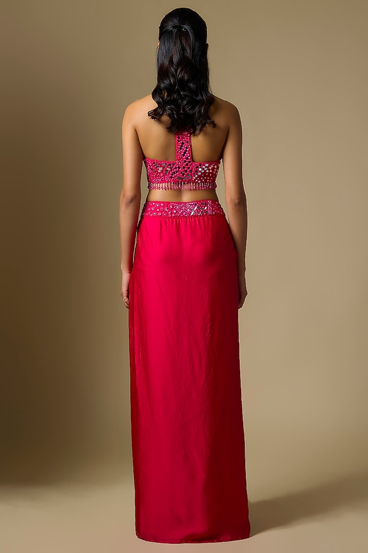 Fuchsia Satin Tulle Draped Skirt Set by ASAGA at Pernia's Pop Up Shop