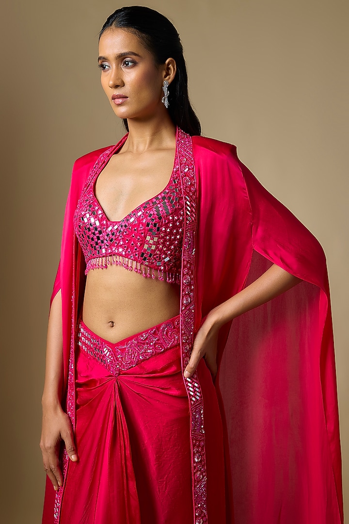 Fuchsia Satin Tulle Draped Skirt Set by ASAGA at Pernia's Pop Up Shop
