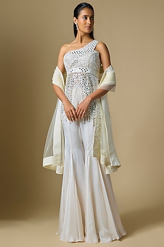 Ivory Satin Tulle Sharara Set by ASAGA