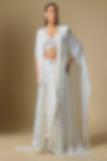 Ivory Satin Tulle Hand Embroidered Cape Set by ASAGA at Pernia's Pop Up Shop
