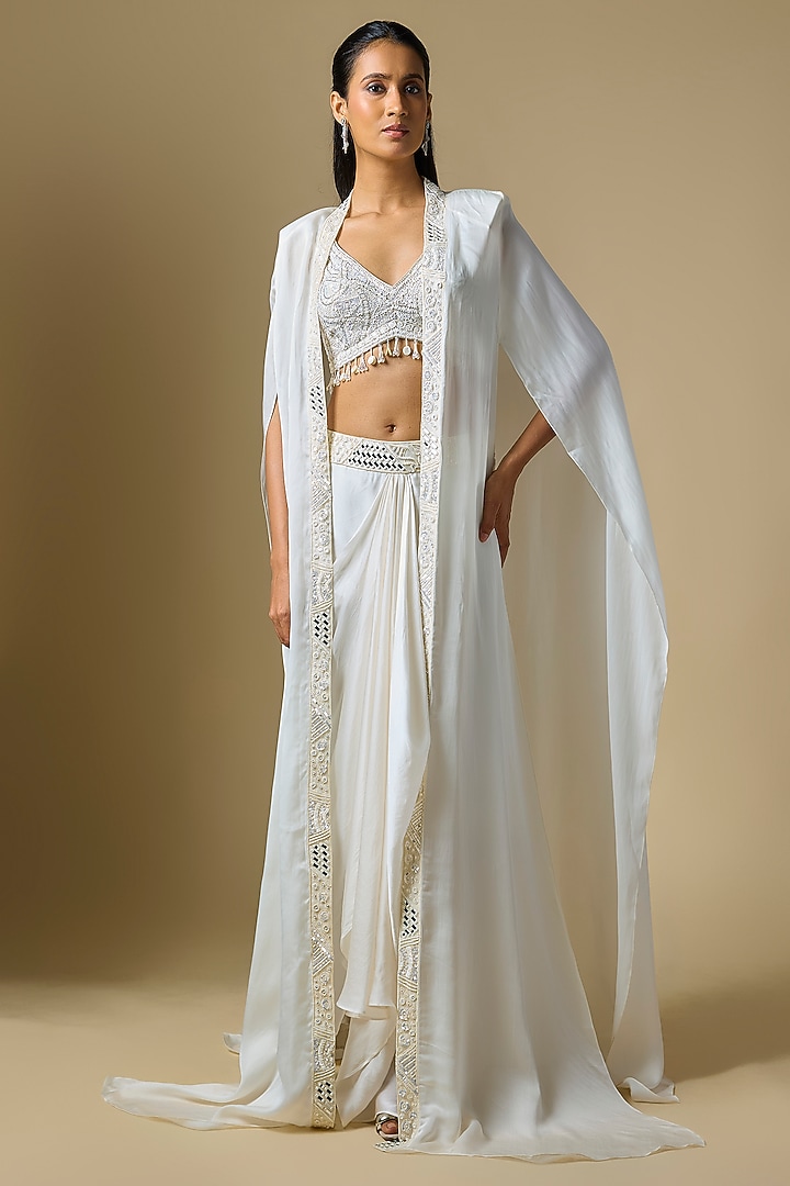Ivory Satin Tulle Hand Embroidered Cape Set by ASAGA at Pernia's Pop Up Shop
