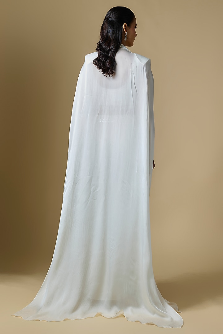 Ivory Satin Tulle Hand Embroidered Cape Set by ASAGA at Pernia's Pop Up Shop
