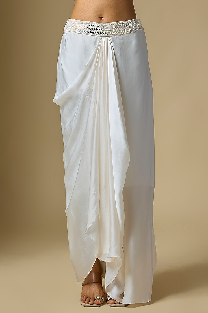 Ivory Satin Tulle Hand Embroidered Cape Set by ASAGA at Pernia's Pop Up Shop