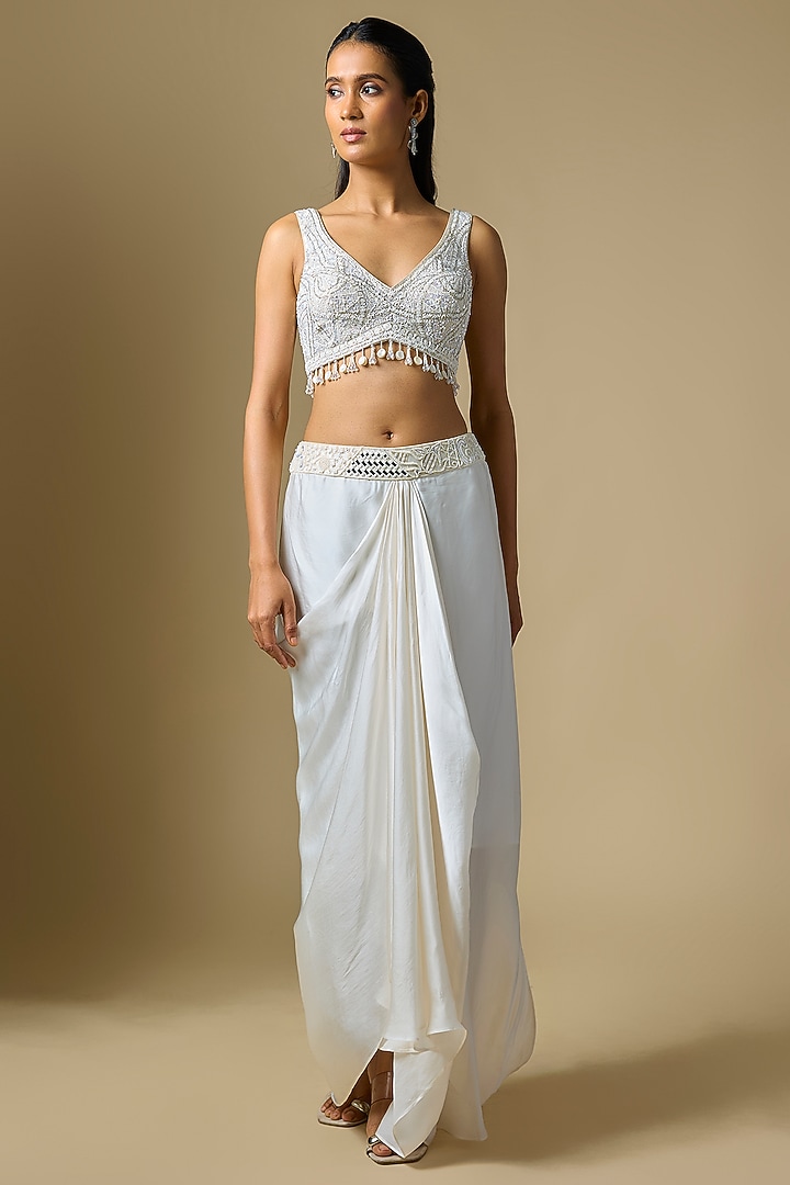 Ivory Satin Tulle Hand Embroidered Cape Set by ASAGA at Pernia's Pop Up Shop