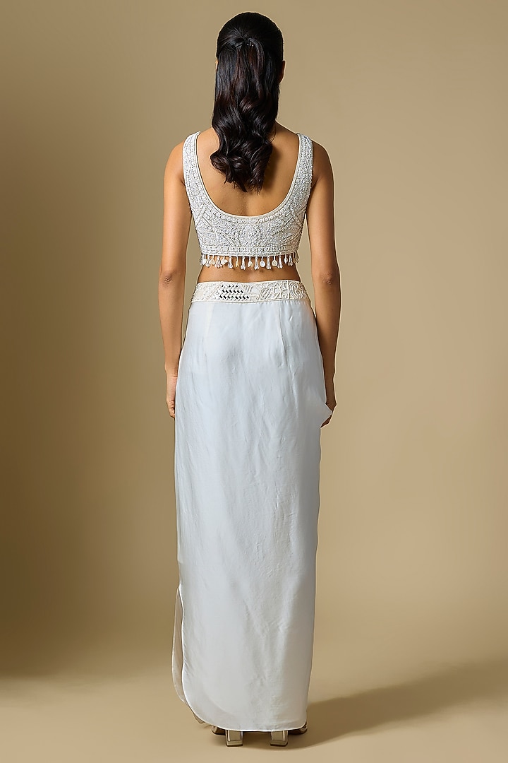 Ivory Satin Tulle Hand Embroidered Cape Set by ASAGA at Pernia's Pop Up Shop