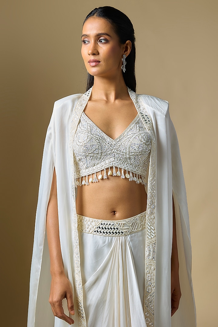 Ivory Satin Tulle Hand Embroidered Cape Set by ASAGA at Pernia's Pop Up Shop