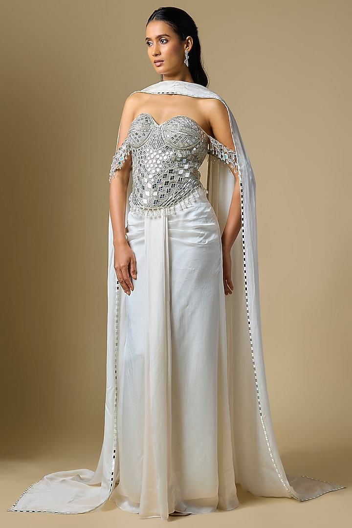 Ivory Satin Tulle Draped Skirt Set by ASAGA at Pernia's Pop Up Shop