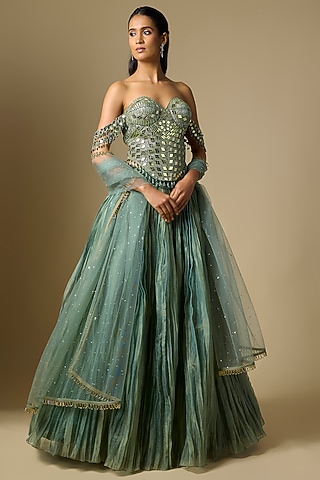 Green Tissue Mirror Embroidered Lehenga Set by ASAGA