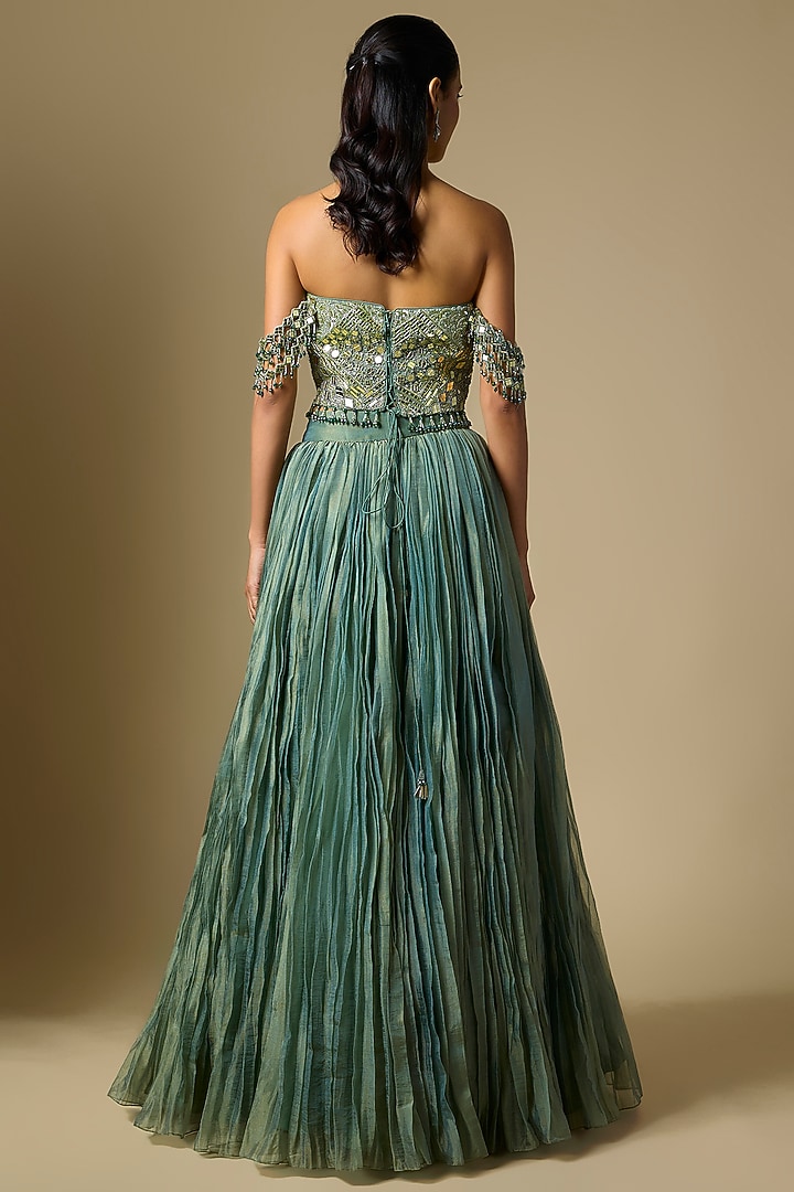 Green Tissue Mirror Embroidered Wedding Lehenga Set by ASAGA at Pernia's Pop Up Shop